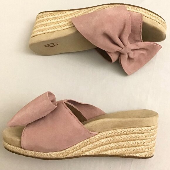 UGG 8.5 Jaycee Suede Rose Pink Bow Women’s Espadrille Wedge Sandals Shoes - Picture 10 of 12